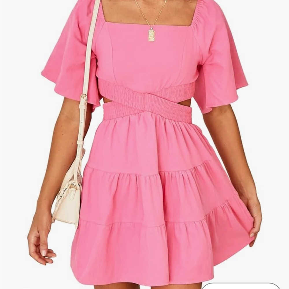 🌺 Pink square neck shirt sleeves mini dress